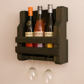 ONIJA 3 Bottle and 2 Wine Glass Rack and Holder Wall Mounted, Rustic Wooden Wine Rack, Early Indians Black