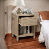ONIJA Bedside Table with Storage Drawer, Cane Design, 40 x 30 x 40 cm, Natural Wood Finish, Brown