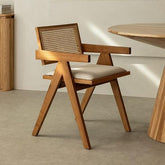 ONIJA Modern Stylish Wooden Chair Contemporary Rattan Cane Back & White Cushion Upholstered Seat & Solid Wood (45D* 52W* 79H* CM)