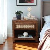 ONIJA Sheesham Wood Bedside Table with Cane Drawer | Modern Storage Nightstand | Rattan Drawers Mid Century Night Stand for Living Room
