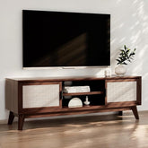 ONIJA Premium Solid Wood TV Stand,Solid Wood Rattan Cane Tv Cabinet for Living Room & Bed Room Furniture, Wooden TV Entertainment Unit - WALNUT FINISH