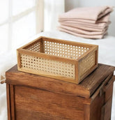 ONIJA Rattan Rectangular Mesh Basket For Wardrobe Storage & Decorative Organiser I Handcrafted Premium Teak Wood & Rattan I Modular Storage Basket - Size 12 X 8 X 4 Inch