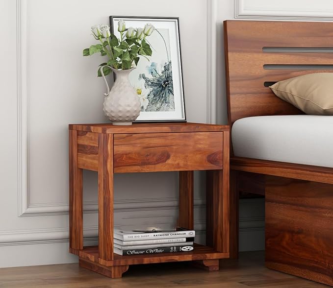 ONIJA Bedside Table for Bedroom Nightstand Bedside Lamp Holder End Table with Drawer Shelf Storage for Living Room HONEY FINISH