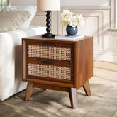 ONIJA Deluxe Solid Wood Rattan Nightstand Fully Assembled-Mid Century Modern Side Table with 2 Drawers-Multipurpose use for Living Room, Bedroom-Dark Chocolate