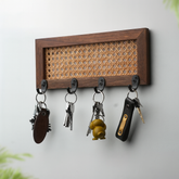 ONIJA Homes Wall Mounted Key Holder with Rattan Cane Design I Premium Teak Wood & Indonesian Natural Cane Webbing I Boho Style with 4 Metal Hooks I Size 12 in x 5 in | walnut finish