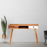 ONIJA Sheesham Wood Home Office Desk Writing Computer Table Modern Design Desk with 3 Storage Compartments, Simple Study with Wooden Frame, Wooden Desk