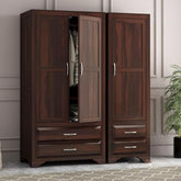 ONIJA Wooden 3 Door Wardrobe for Clothes with 4 Drawer 4 Shelf Storage & Hanging Space - Sheesham Wood Almirah for Bedroom - WALNUT FINISH