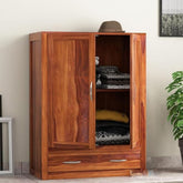 ONIJA Wooden 2 Door Wardrobe for Clothes with 1 Drawer 2 Shelf Storage & Hanging Space - Sheesham Wood Almirah for Bedroom