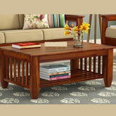 ONIJA Wooden Center Coffee Table with Storage | Solid Sheesham Wood Centre Table for Living Room, Drawing Room & Office - HONEY FINISH