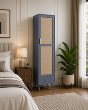 onija Wooden Storage Cabinet with Cane Doors & Drawer | Tall Solid Wood Wardrobe Cabinet with Shelves | Modern Slim Storage Unit for Bedroom, Living Room & Entryway