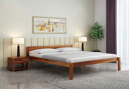 Omvian Sheesham Wood Queen Size Bed Without Storage (Honey Finish)