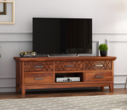 Quenthoris Sheesham Wood Tv Unit with Five Pull Out Drawers (Honey Finish)