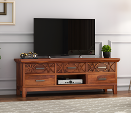 Quenthoris Sheesham Wood Tv Unit with Five Pull Out Drawers (Honey Finish)