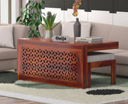 Navryx Sheesham Wood Center Table With Stools (Honey Finish)