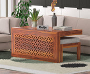 Navryx Sheesham Wood Center Table With Stools (Natural Finish)