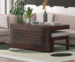 Navryx Sheesham Wood Center Table With Stools (Walnut Finish)
