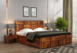 Xavrit Sheesham Wood Queen Size Bed With Storage (Honey Finish)