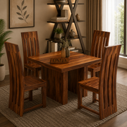 ONIJA Solid Sheesham Wood Dining Room Sets 4 Seater Poster Dining Table with 4 Chairs Honey Finish