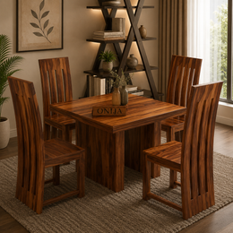 ONIJA Solid Sheesham Wood Dining Room Sets 4 Seater Poster Dining Table with 4 Chairs Honey Finish