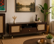 ONIJA Boston Solid Wood Rattan Cane Tv Cabinet  Walnut Finish