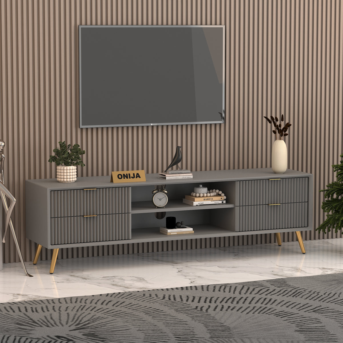 ONIJA Modern TV Unit Cabinet for Living Room | Premium Wooden Media Console with Storage Shelves