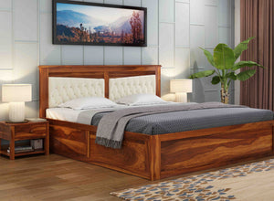 Norvanthos Sheesham Wood Queen Size Bed With Storage (Honey Finish)