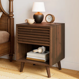 Onija Wooden Bedside Table with Fluted Drawer & Open Shelf