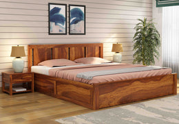 Avrox Sheesham Wood King Size Bed With Storage (Honey Finish)