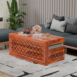 Onija Sheesham Wood Center Table With Stools (Natural Finish)