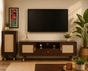 ONIJA Boston Solid Wood Rattan Cane Tv Cabinet  Walnut Finish