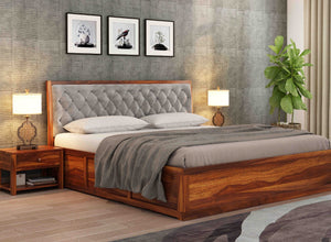 Moventis Sheesham Wood King Size Bed With Storage (Honey Finish)