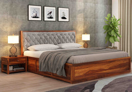 Moventis Sheesham Wood King Size Bed With Storage (Honey Finish)