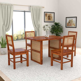 Onija Solid Wood 4 Seater Dining Table Set with Rattan Chairs