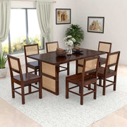 ONIJA Solid Wood Scane Dining Set with Cane Back Chairs 6 Seater