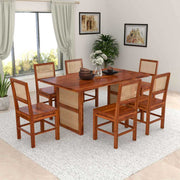 ONIJA Solid Wood Scane Dining Set with Cane Back Chairs 6 Seater