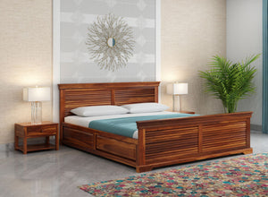 Lavorian Sheesham Wood Queen Size Bed With Storage (Honey Finish)
