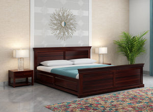 Lavorian Sheesham Wood Queen Size Bed With Storage (Walnut Finish)