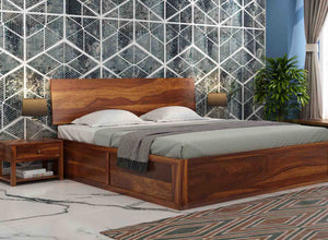 Krenthoris Sheesham Wood King Size Bed With Storage (Honey Finish)