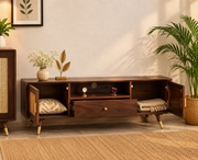 ONIJA Boston Solid Wood Rattan Cane Tv Cabinet  Walnut Finish