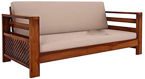 ONIJA Wooden 3 Seater Sofa Set for Living Room | Three Seater Sofa with Side Magzine & Newspaper Holder for Office & Lounge | Sheesham Wood, Honey Brown