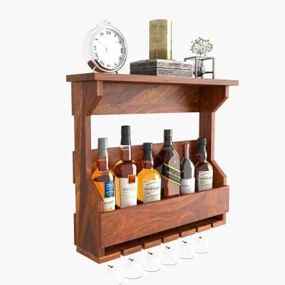 ONIJA  Solid Sheesham Wood Bar Cabinet | Wooden Bar Cabinet for Bar, Hotel | Finish Color - (Natural Finish)