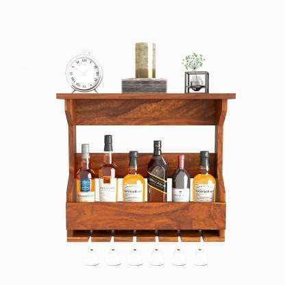 ONIJA  Solid Sheesham Wood Bar Cabinet | Wooden Bar Cabinet for Bar, Hotel | Finish Color - (Natural Finish)