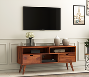 Norethian Sheesham Wood Tv Unit with Two Pull Out Drawers and Shelves (Honey Finish)