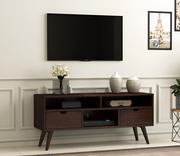 Norethian Sheesham Wood Tv Unit with Two Pull Out Drawers and Shelves (Walnut Finish)