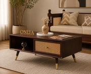 ONIJA Boston Solid Wood Rattan Cane One Drawer Coffee Table