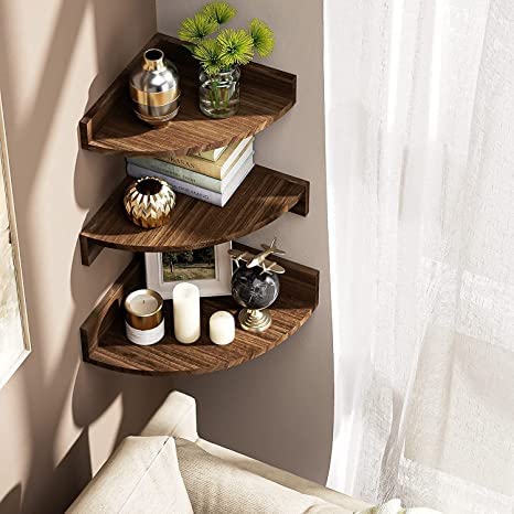 ONIJA Sheesham Wood Corner Shelf Wall Mount, Set of 3 Floating Shelves for Wall Storage and Display, Rustic Wall Shelves Wood Shelves for Bedroom, Kitchen, Living Room, Office (Dark Brown)