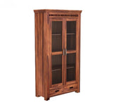 Solid Wood Glass Door Crockery & Display Cabinet with Double Drawers
