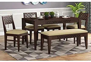 ONIJA Solid Sheesham Wood 6 Seater Dining Table Set with 4 Chair & 1 Bench with Base Cushion Wooden Dining Room Sets for Home Kitchen Modern Dining Room Furniture - WALNUT FINISH