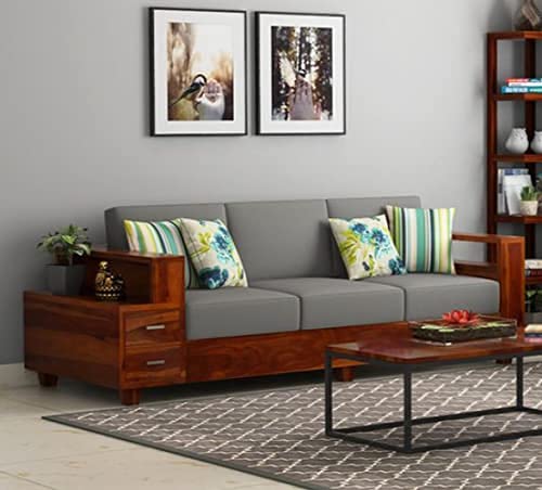 ONIJA  Sheesham Wood 3 Seater Sofa for Livingroom, Wooden Sofa Set with Drawers Storage for Home & Office - Handcrafted Furniture (Honey Finish)
