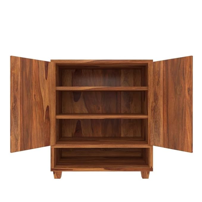 ONIJA Shoe Rack 3 Shelf Solid sheesham Wood Shoe Rack Cabinet (Honey Finish)